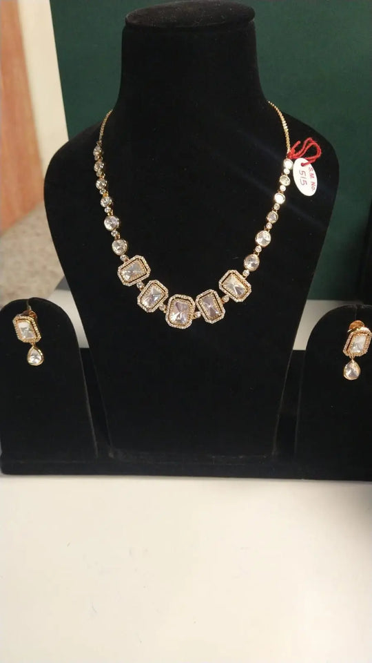 Geometric Polki Stone Studded Brass Necklace Set