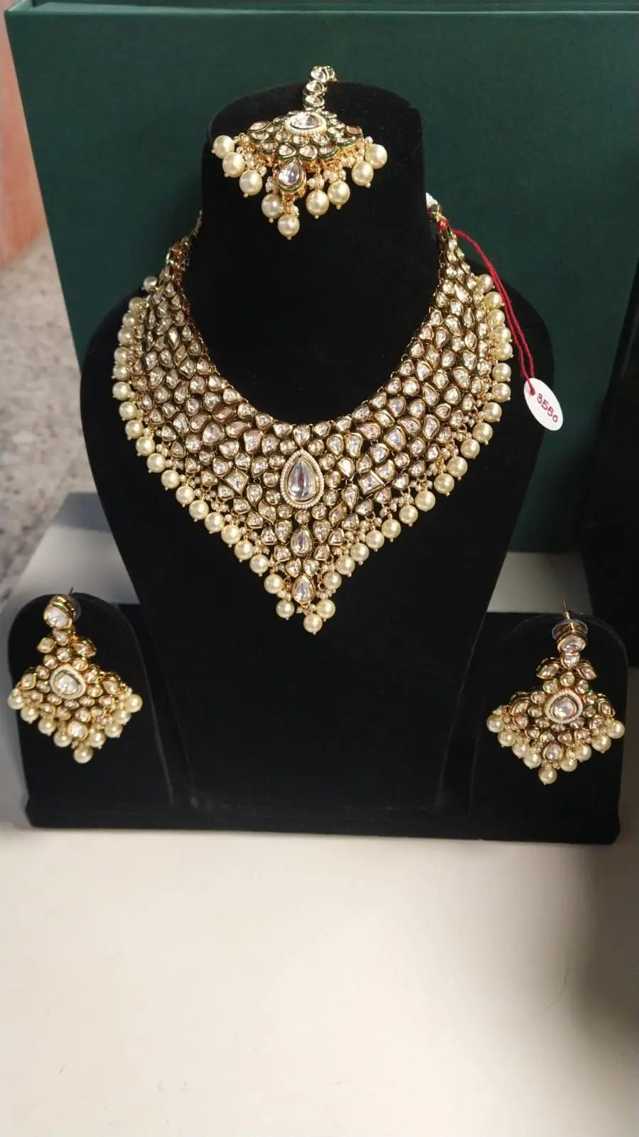 Polki Stone Bridal Necklace Set with Maang Tikka in Brass