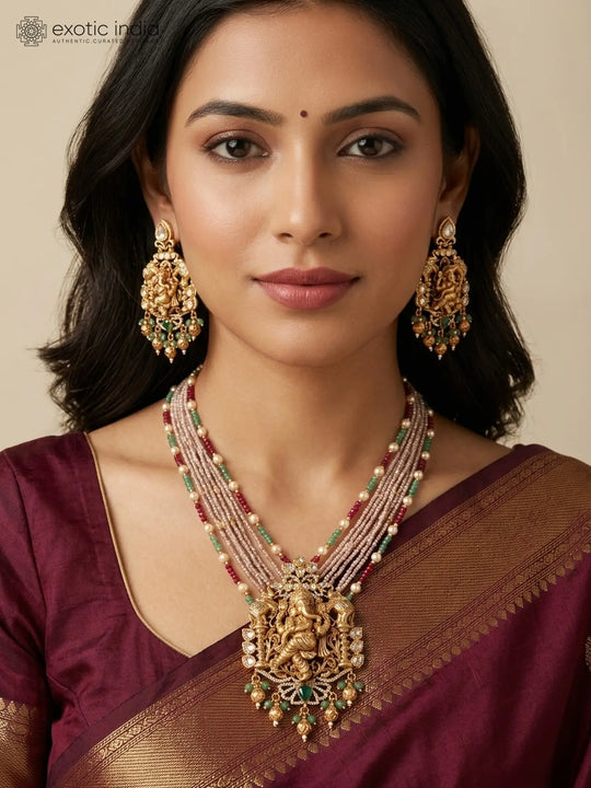 Lord Ganesha Brass Multi Strand Necklace and Earrings Set