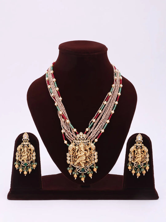 Lord Ganesha Brass Multi Strand Necklace and Earrings Set