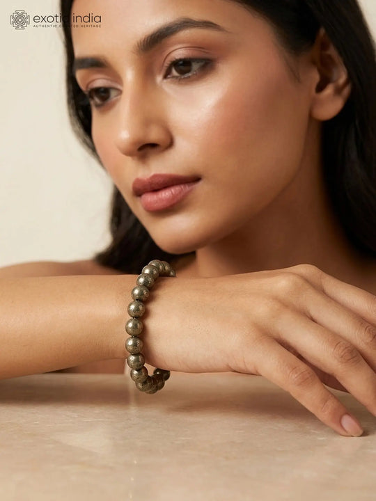 Natural Pyrite Gemstone Bead Stretch Bracelet
