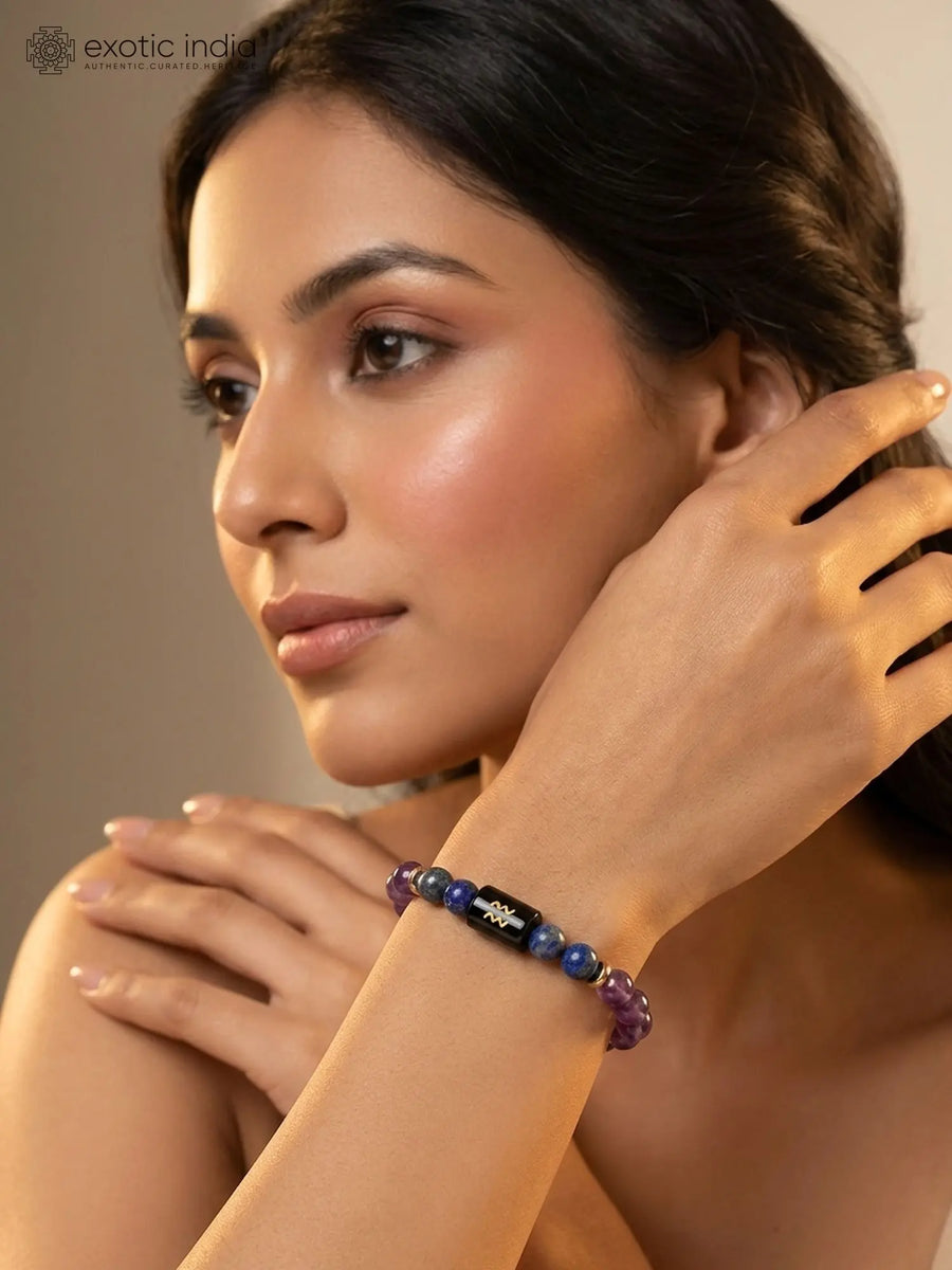 Aquarius Zodiac Amethyst and Lapis Lazuli Stretch Bracelet