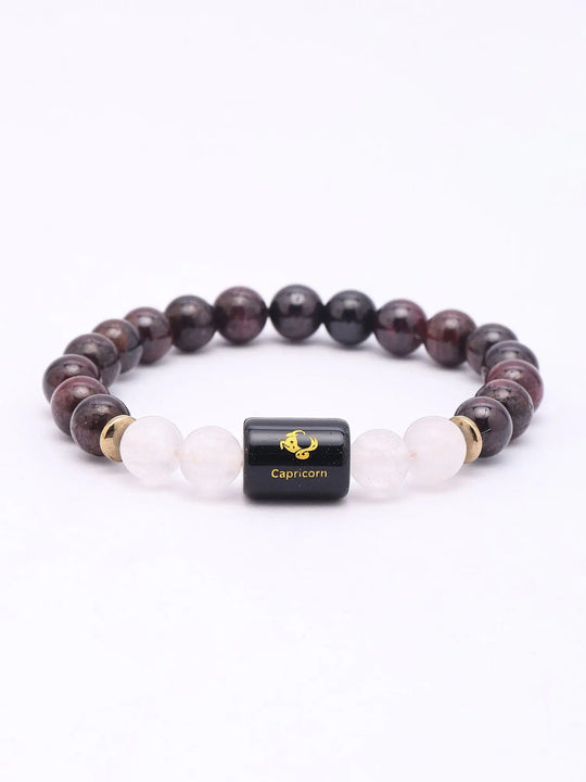 Capricorn Milky Quartz and Garnet Gemstone Stretch Bracelet