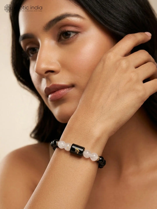 Scorpio Zodiac Milky Quartz and Black Onyx Stretch Bracelet