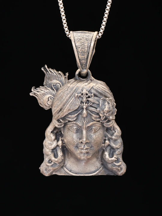 Lord Krishna Antique Finish Sterling Silver Pendant