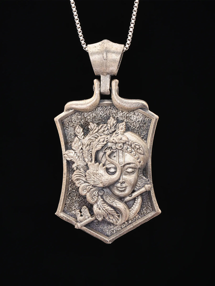 Lord Krishna Antique Finish Sterling Silver Pendant