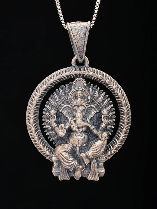 Chaturbhuja Ganesha Antique Finish Sterling Silver Pendant
