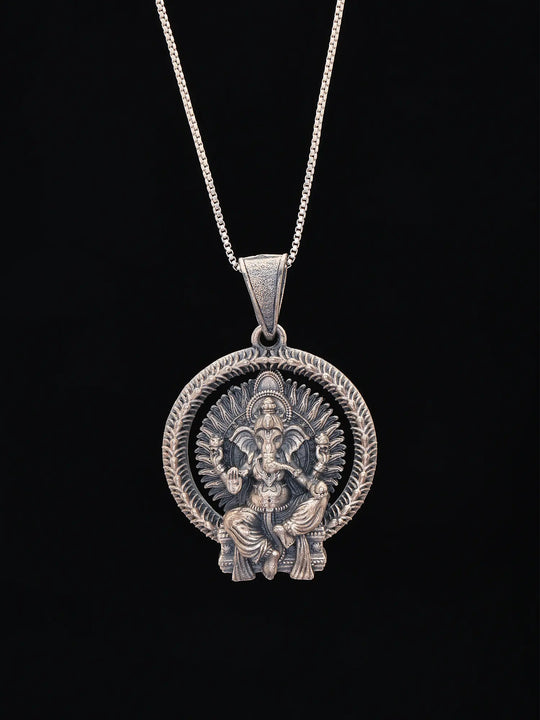 Chaturbhuja Ganesha Antique Finish Sterling Silver Pendant
