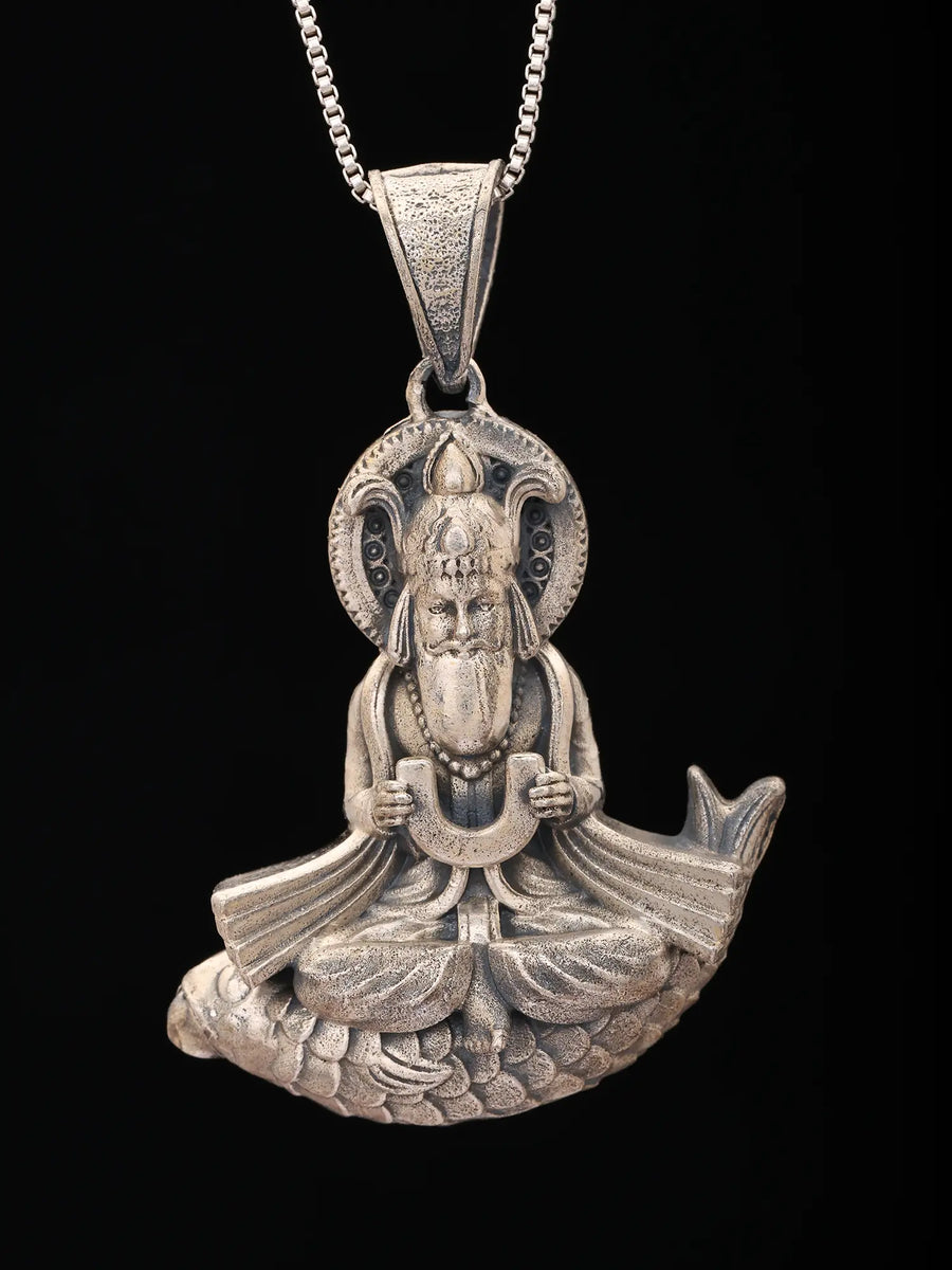 Bhagwan Jhulelal Antique Finish Sterling Silver Pendant