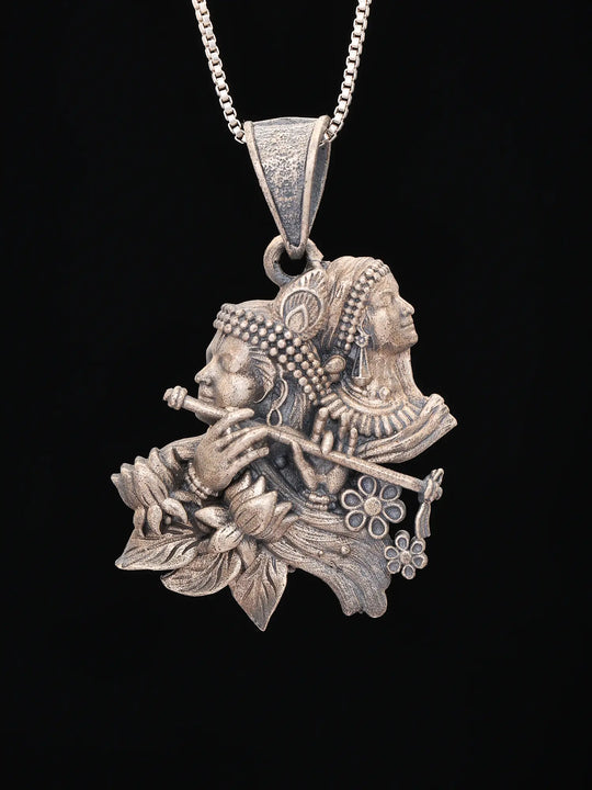 Radha Krishna Antique Finish Sterling Silver Pendant