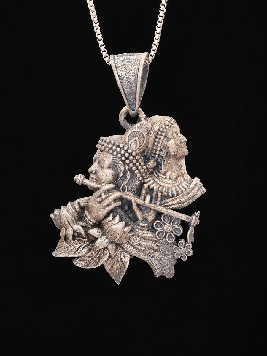 Radha Krishna Antique Finish Sterling Silver Pendant