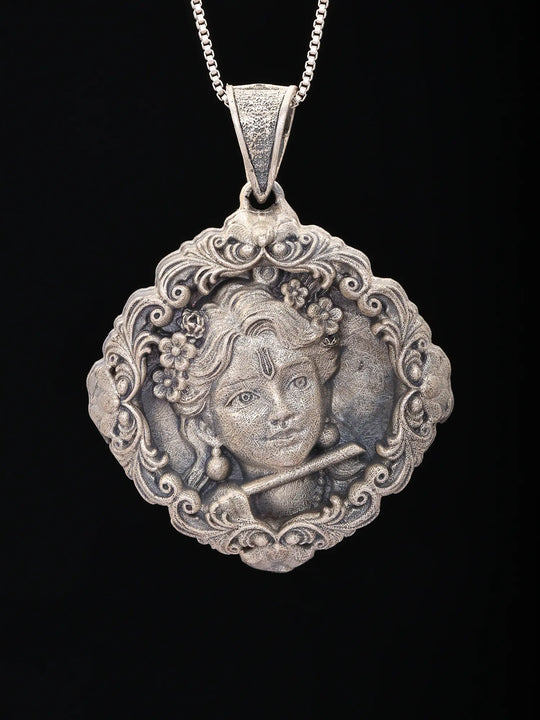 Lord Krishna Bust Antique Finish Sterling Silver Pendant