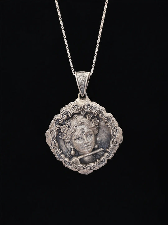 Lord Krishna Bust Antique Finish Sterling Silver Pendant