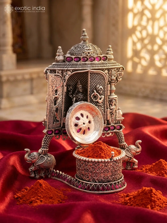 Goddess Lakshmi Elephant Motif Sterling Silver Kumkum Box