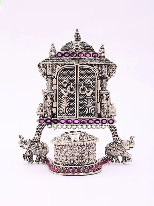Goddess Lakshmi Elephant Motif Sterling Silver Kumkum Box