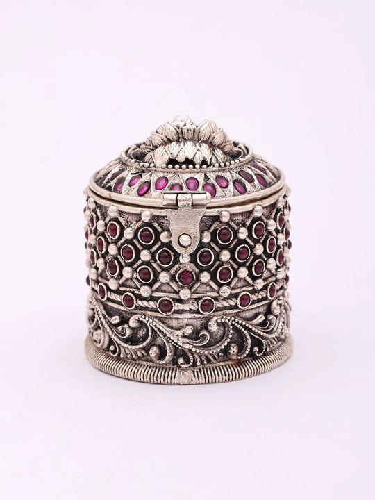 Sterling Silver Goddess Lakshmi Kumkum Box with Purple Stone Accents