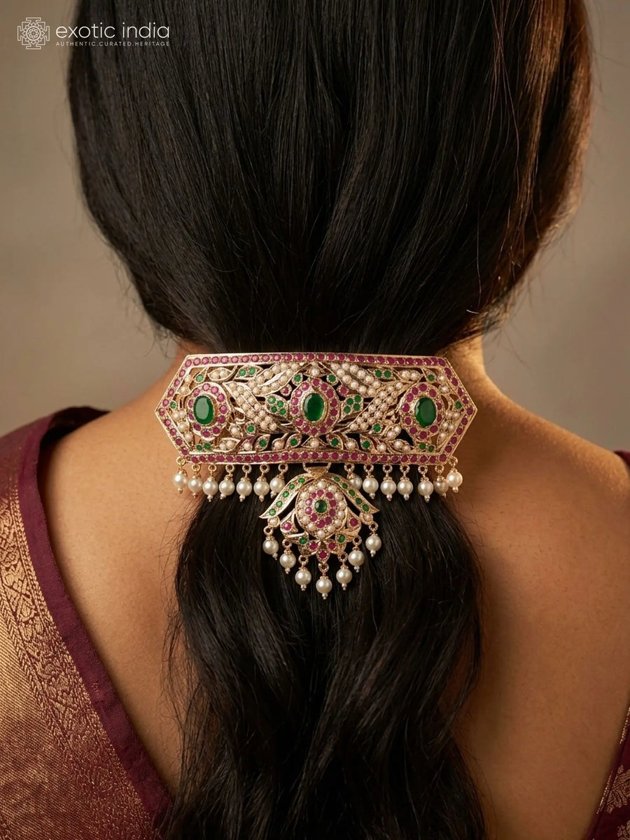 Emerald and Ruby Stone Pearl Drop Copper Barrette Hair Clip