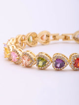 Multicolour Heart Stone Halo Tennis Bracelet in Gold Brass