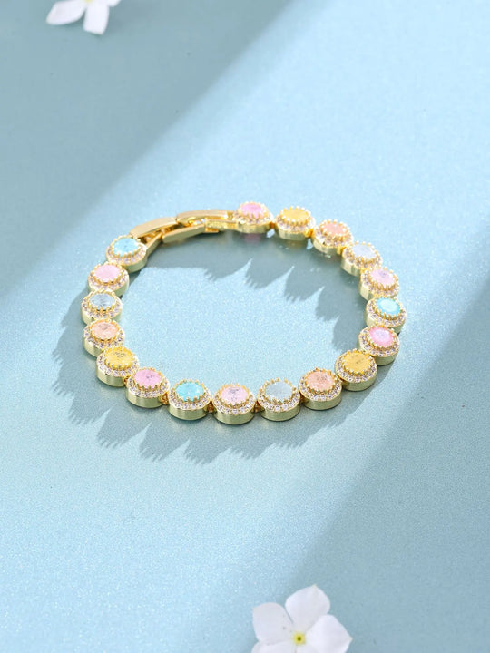 Pastel Stone Halo Tennis Bracelet in Gold Tone Brass
