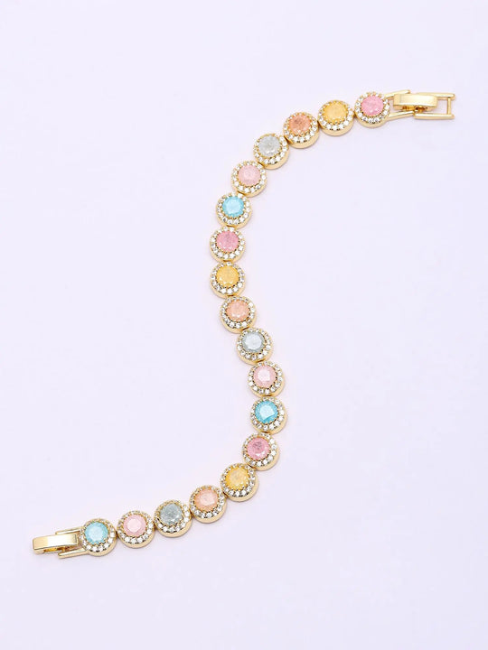 Pastel Stone Halo Tennis Bracelet in Gold Tone Brass