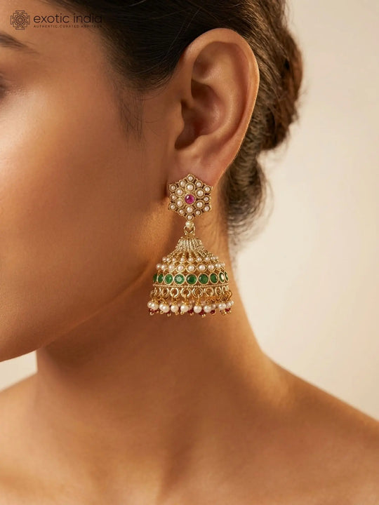 Kundan Jhumka Earrings in Green and Pink