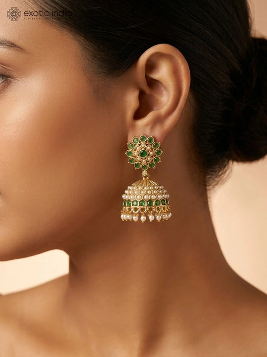 Floral Kundan Jhumka Earrings in Green and Pink