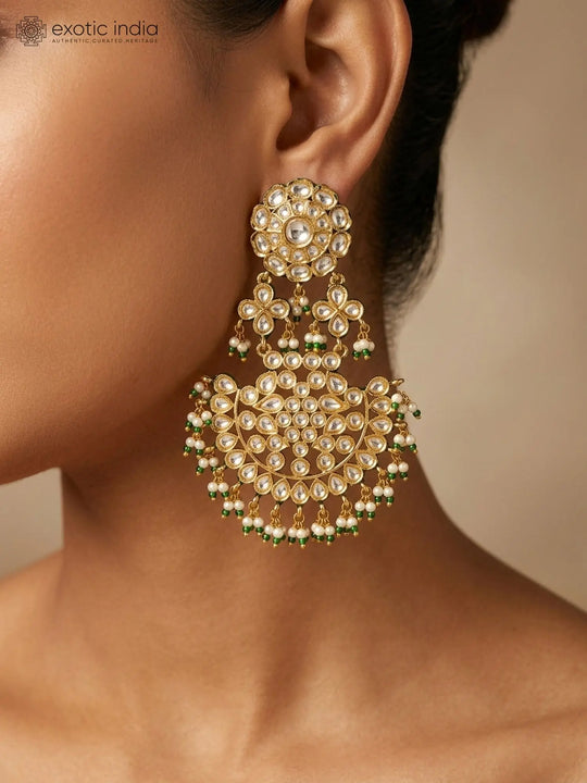 Polki Studded Brass Chandelier Earrings with Bead Drops