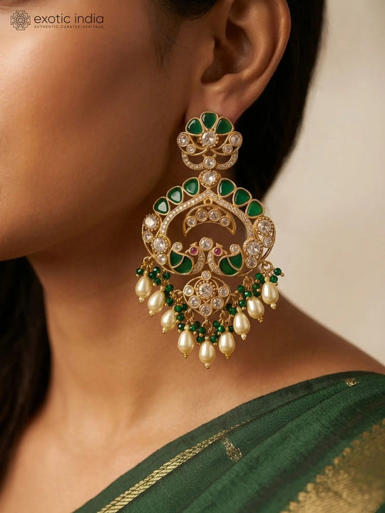 Peacock Masonite Stone and Pearl Drop Brass Earrings