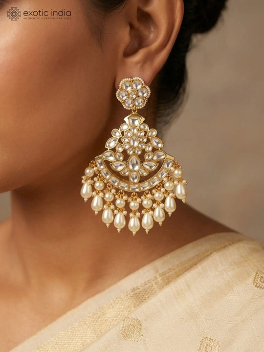 Polki Stone Studded Chandelier Earrings with Pearl Drops