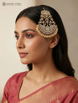 Polki Stone and Pearl Drop Bridal Maang Tikka in Brass