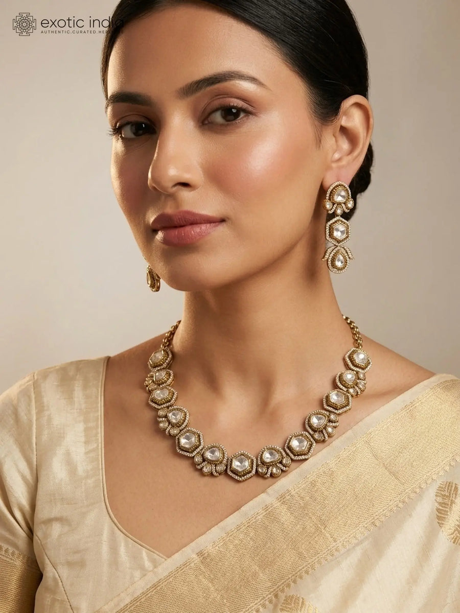 Masonite Stone Studded Brass Necklace and Earrings Set