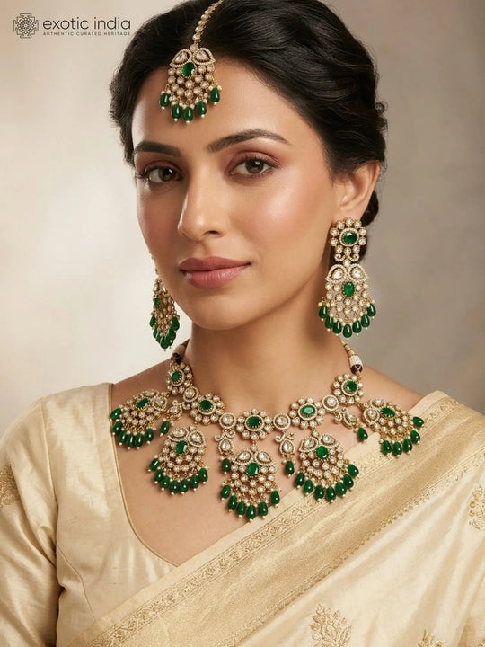 Malachite and Brass Green Stone Necklace and Earrings Set
