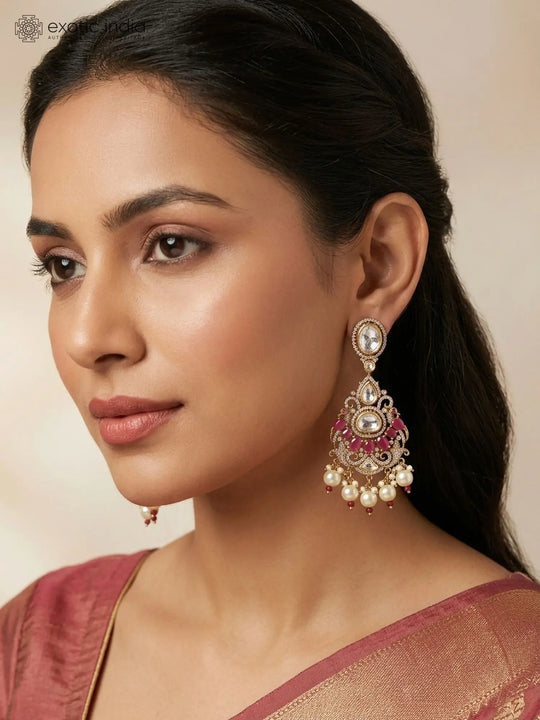 Red Stone Studded Brass Groom Mala and Earrings Set