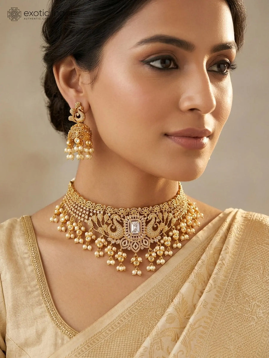 Twin Peacock Brass Necklace and Earrings Set with Stone Detailing