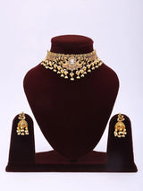 Twin Peacock Brass Necklace and Earrings Set with Stone Detailing
