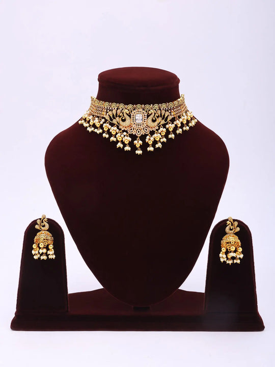 Twin Peacock Brass Necklace and Earrings Set with Stone Detailing