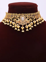 Twin Peacock Brass Necklace and Earrings Set with Stone Detailing