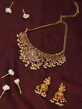 Twin Peacock Brass Necklace and Earrings Set with Stone Detailing