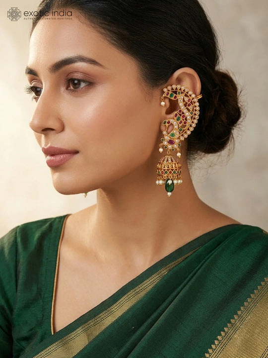 Peacock Kundan Earcuff Jhumka in Green and Red