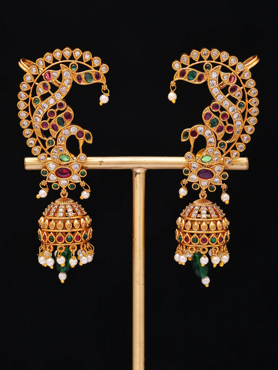 Peacock Kundan Earcuff Jhumka in Green and Red