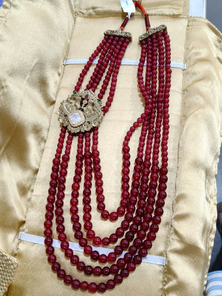 Red Beaded Groom Mala with Brass Brooch Accent
