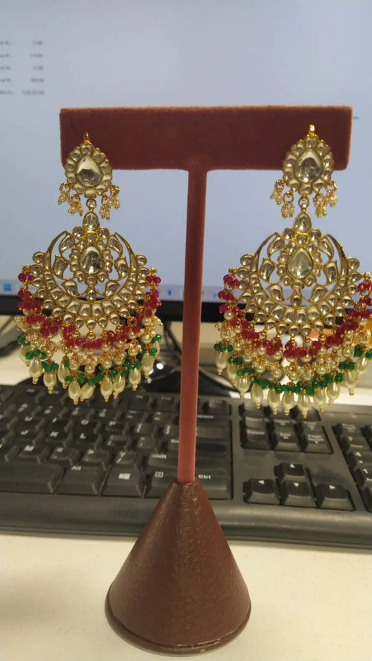 Polki Studded Chand Bali Earrings with Bead Drops