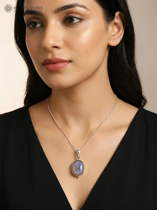 Oval Cut Druzy Stone Sterling Silver Pendant