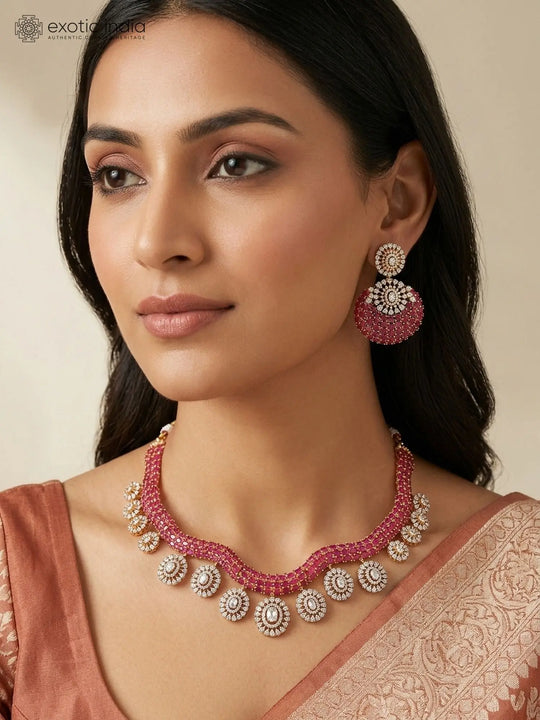 Ruby Stone Sterling Silver Necklace and Earrings Set