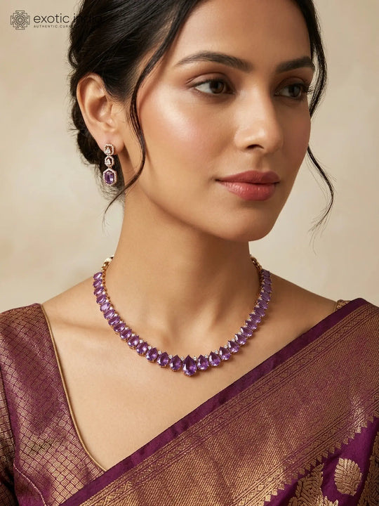 Faux Amethyst Teardrop Sterling Silver Necklace and Earrings Set
