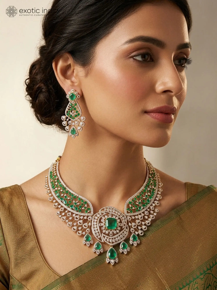 Faux Emerald Sterling Silver Bridal Necklace Set