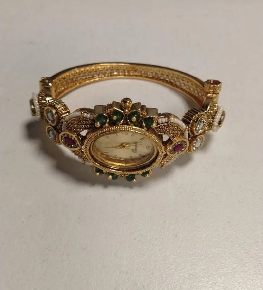 Kundan and Green Enamel Brass Watch