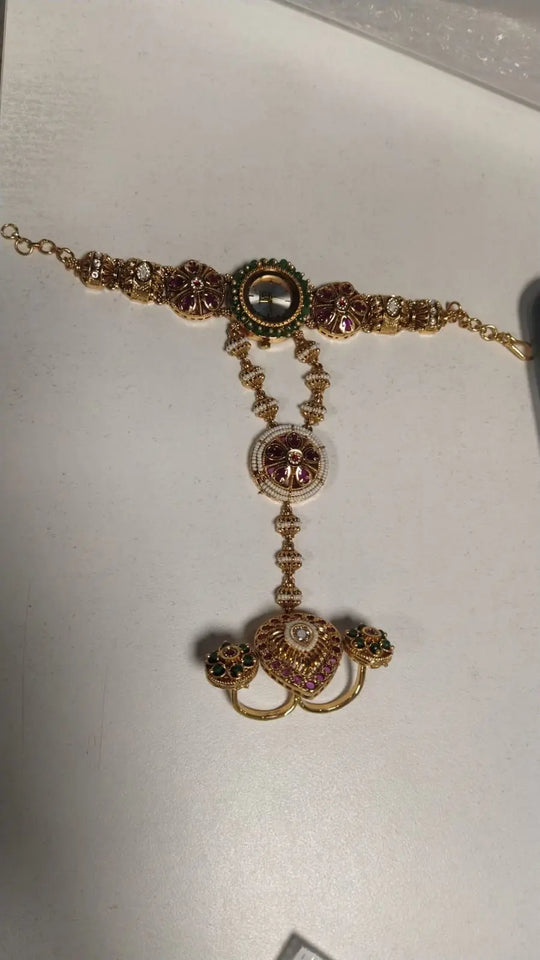 Kundan Stone Studded Brass Haath Phool Bracelet Watch