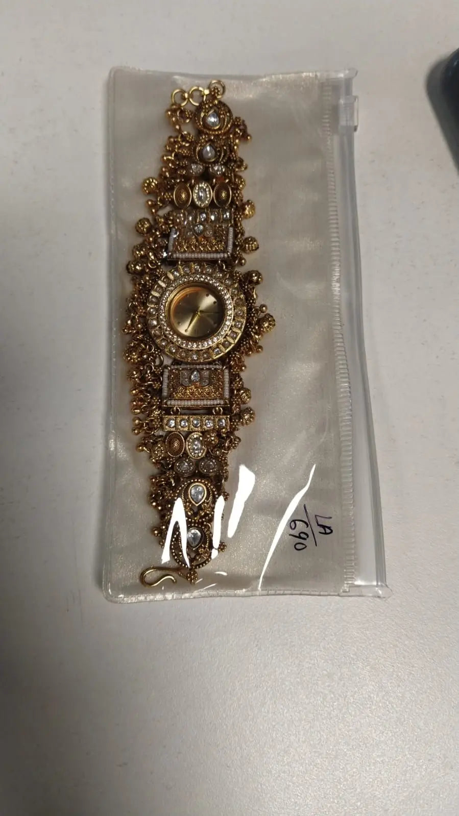 Kundan and Ghungroo Drop Brass Watch with Stone Inlay
