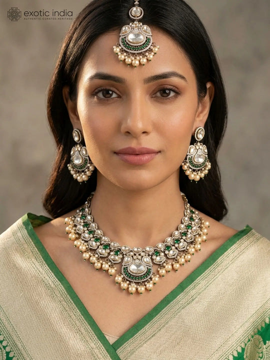 Kundan Leaf and Pearl Drop Brass Necklace Set